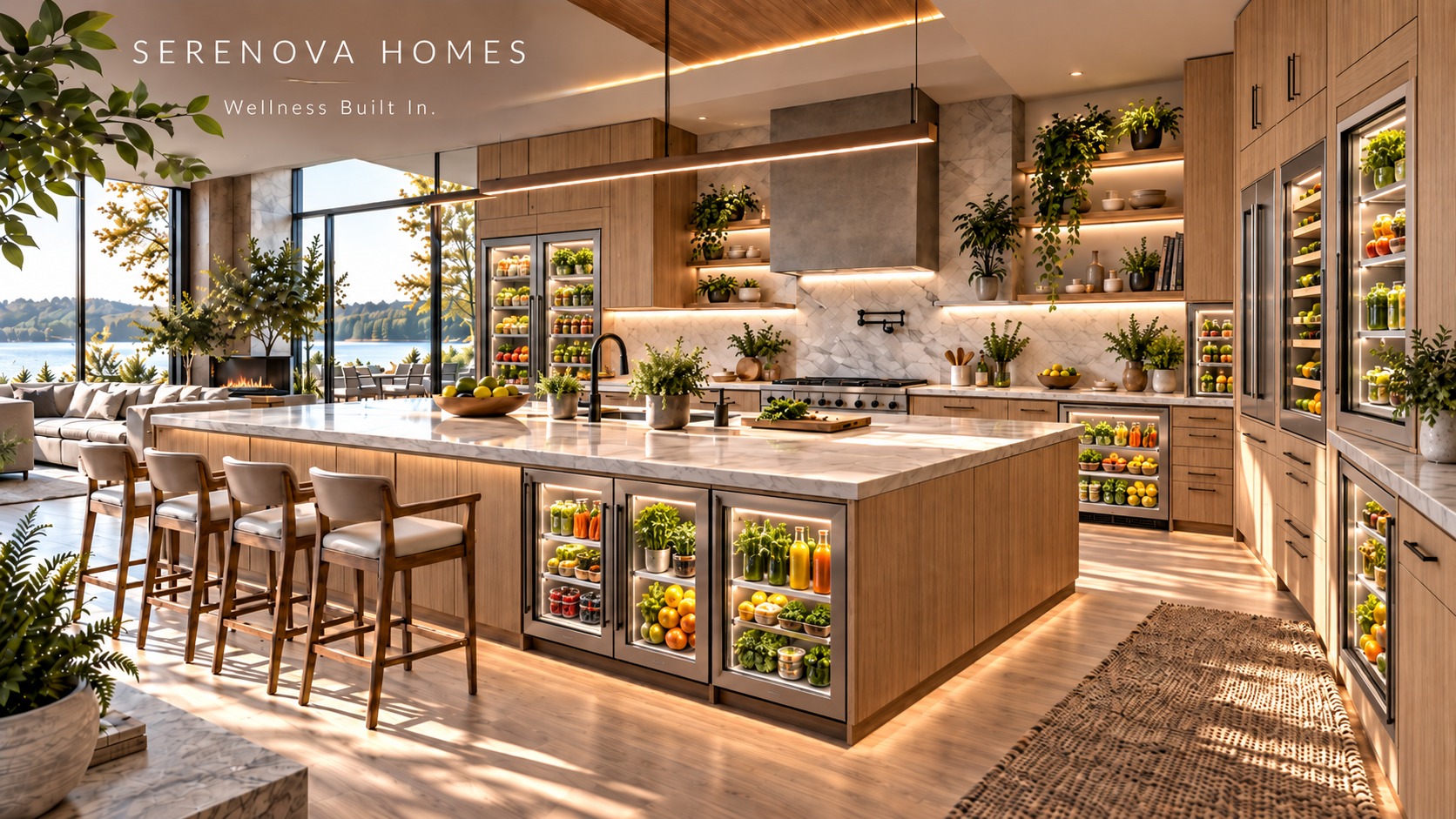 Wellness kitchen with glass-front produce refrigeration, marble island and lake view