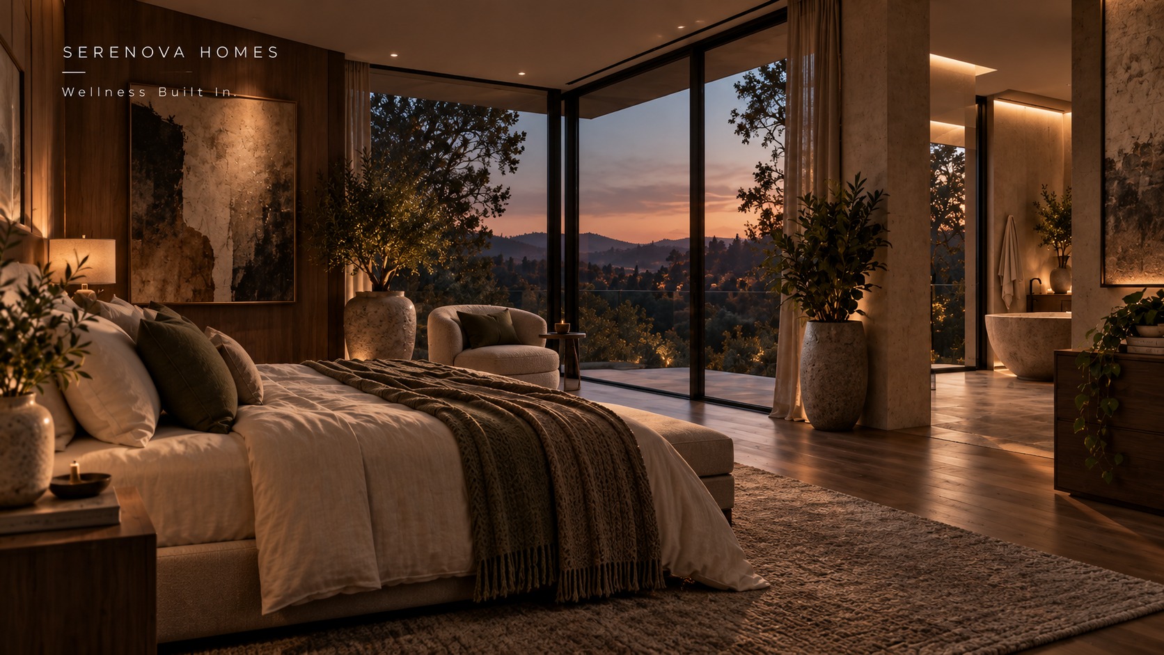 Bedroom in a warm, light natural finish palette