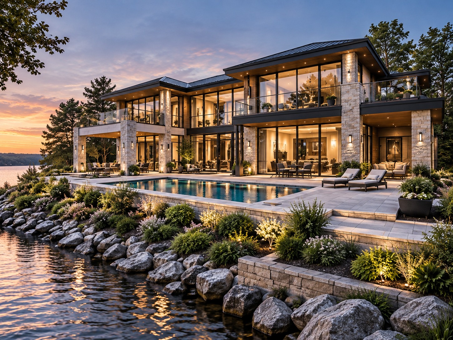 Single-level residence concept with lake views and pool