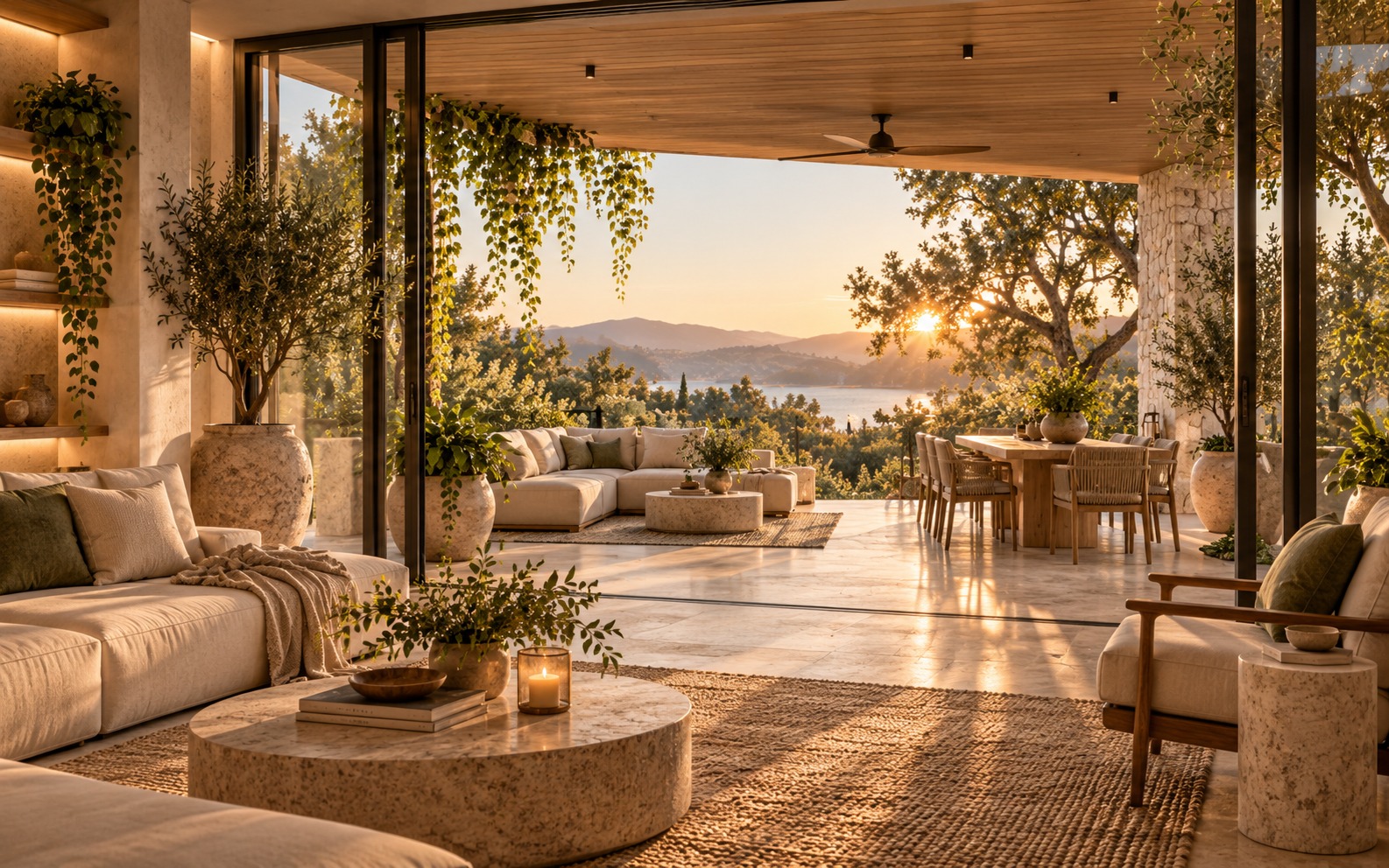 Covered indoor-outdoor living and dining terrace with olive trees and lake view