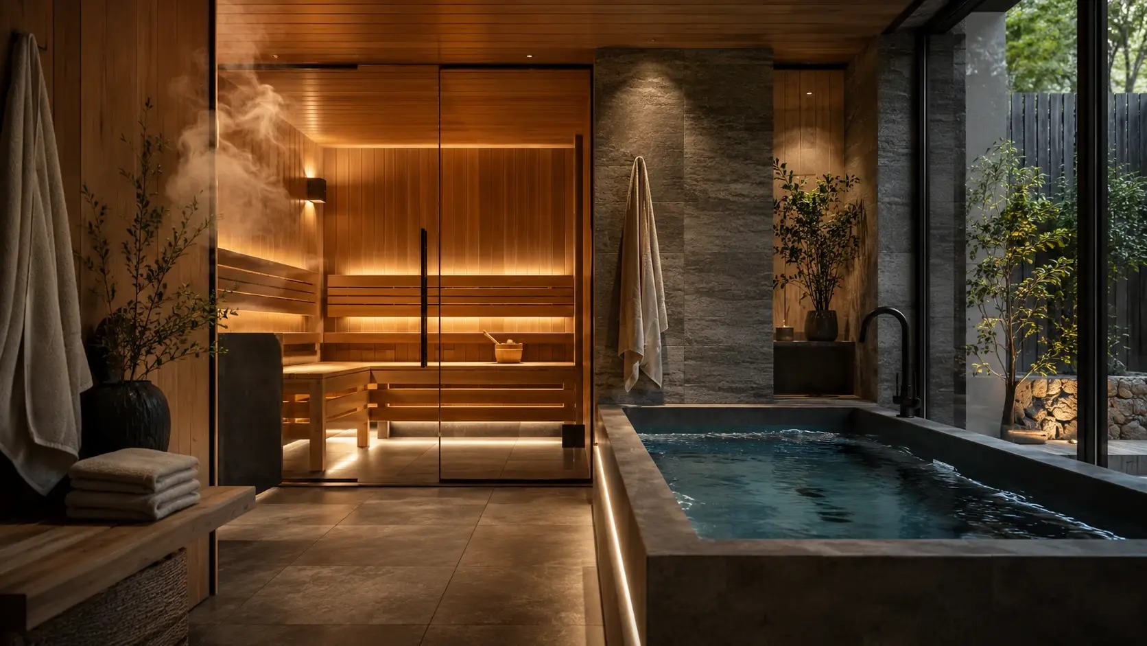 Indoor stone cold plunge tub beside a glass-enclosed sauna with steam